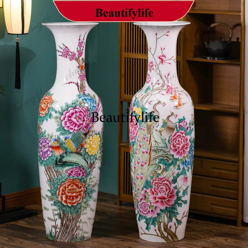 A95 Ceramic pastel hand-painted peacock vase ornament floor-to-ceiling large vase hotel living room home decoration