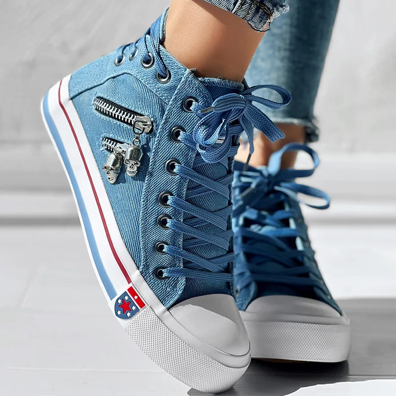 Women Fashion Flat Shoes Daily Wear Running Wear Solid Color Lace-Up Skeleton Zipper Detail Casual Sneakers
