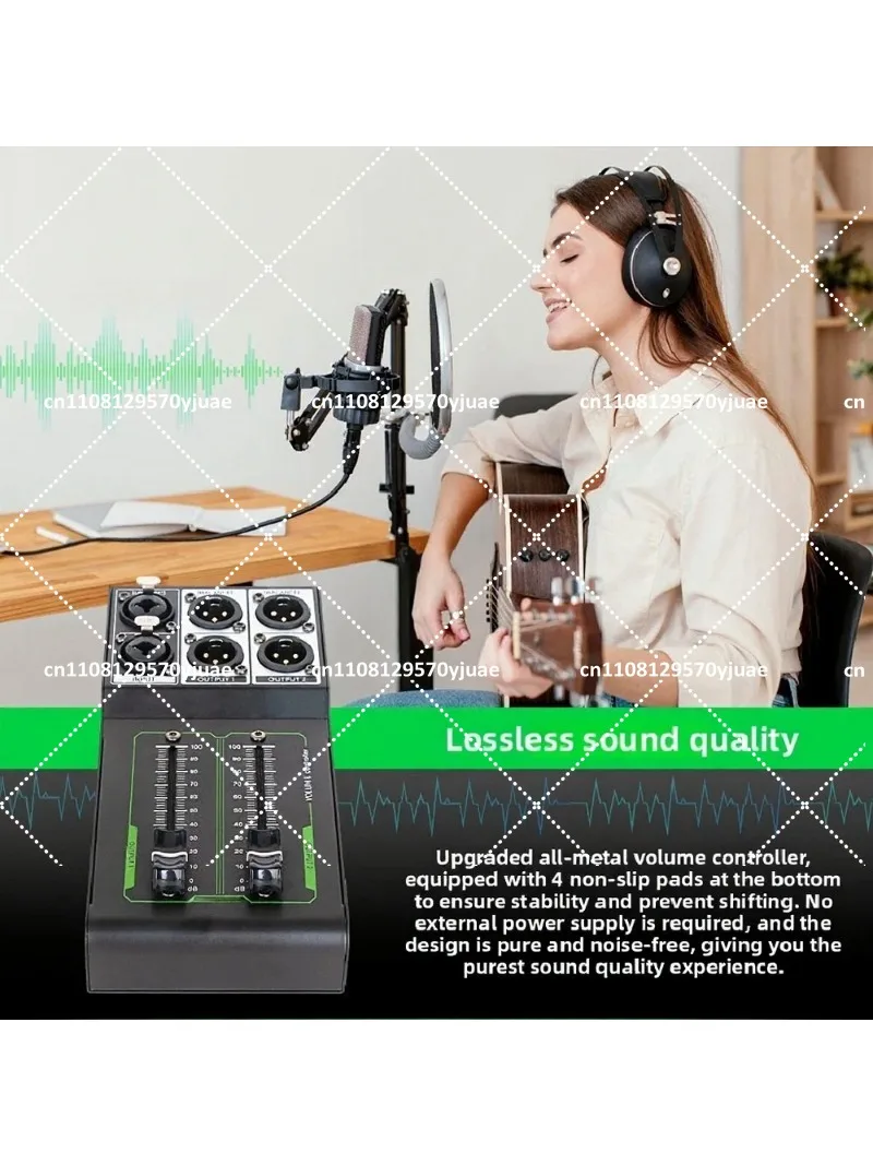 Passive Volume Controller, 1-In 2-Out Audio Mixer, Independent Mic Volume, Noiseless for Studio PA