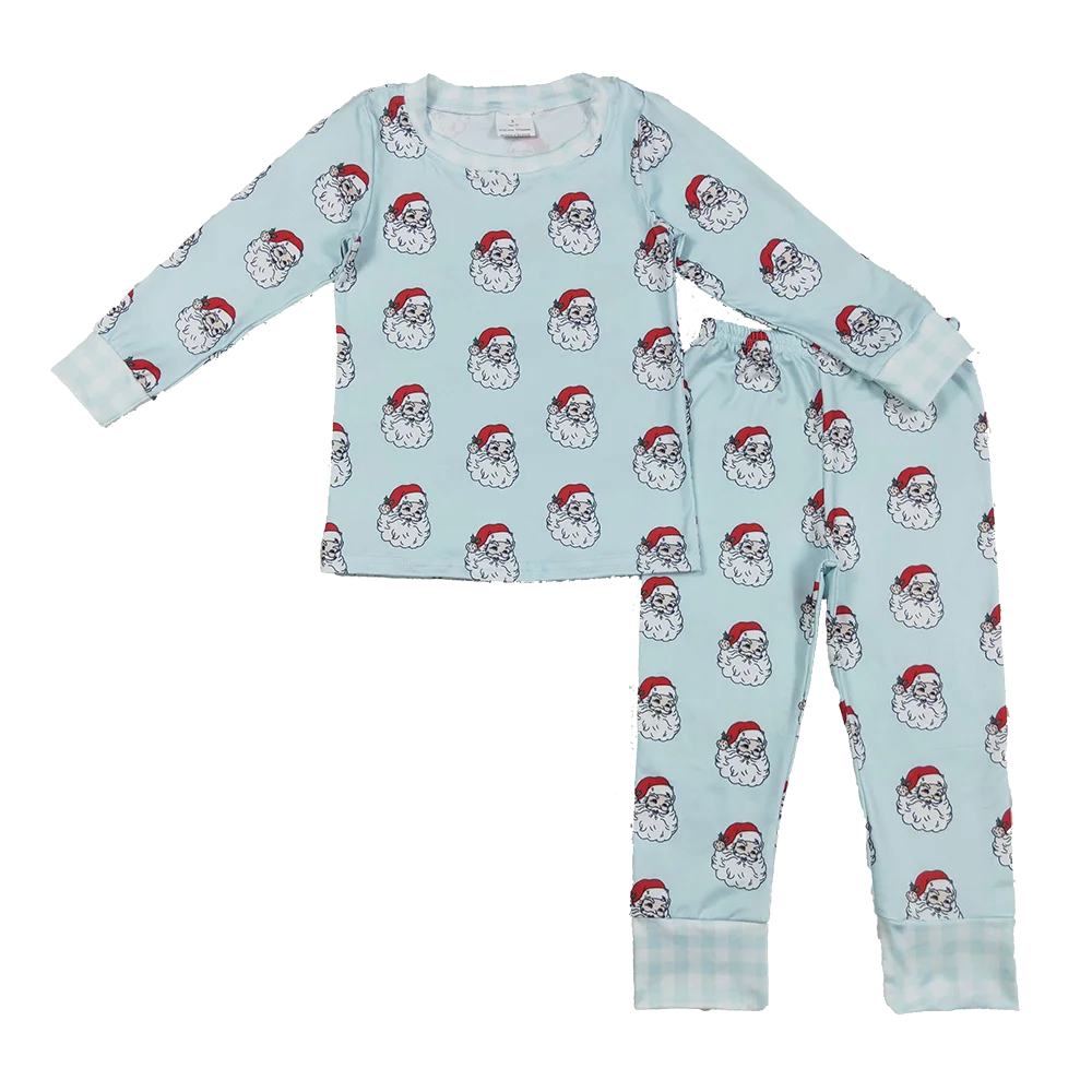 

9.17 Wholesale western boutique children clothing Baby Boys Blue Christmas Santa Top Pants Pajamas Sets