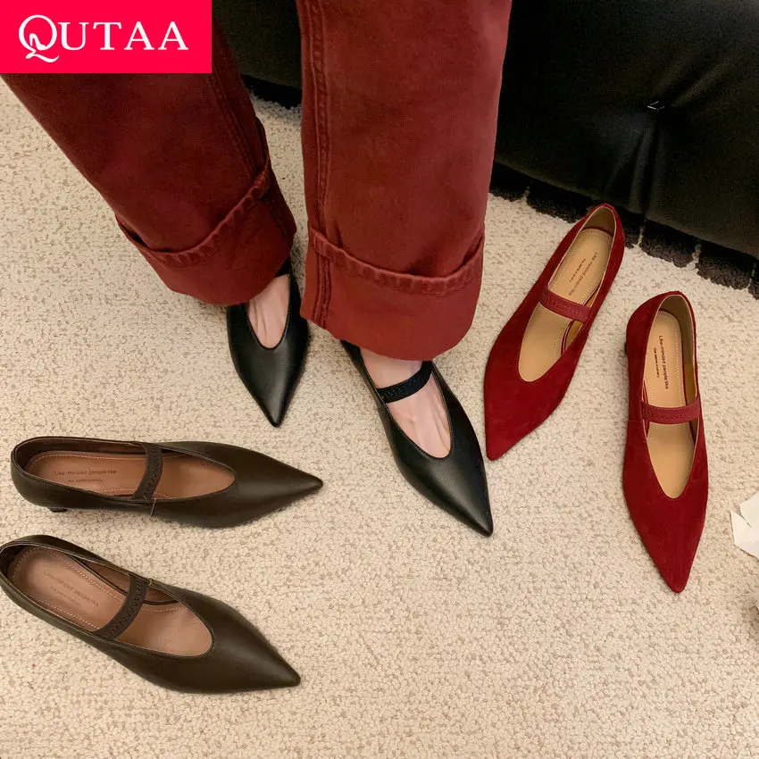 

QUTAA 2024 Women Thick High Heels Office Pumps Pointed Toe Mary Jane Genuine Leather Shoes Woman Buckles Office Pumps Size 34-39