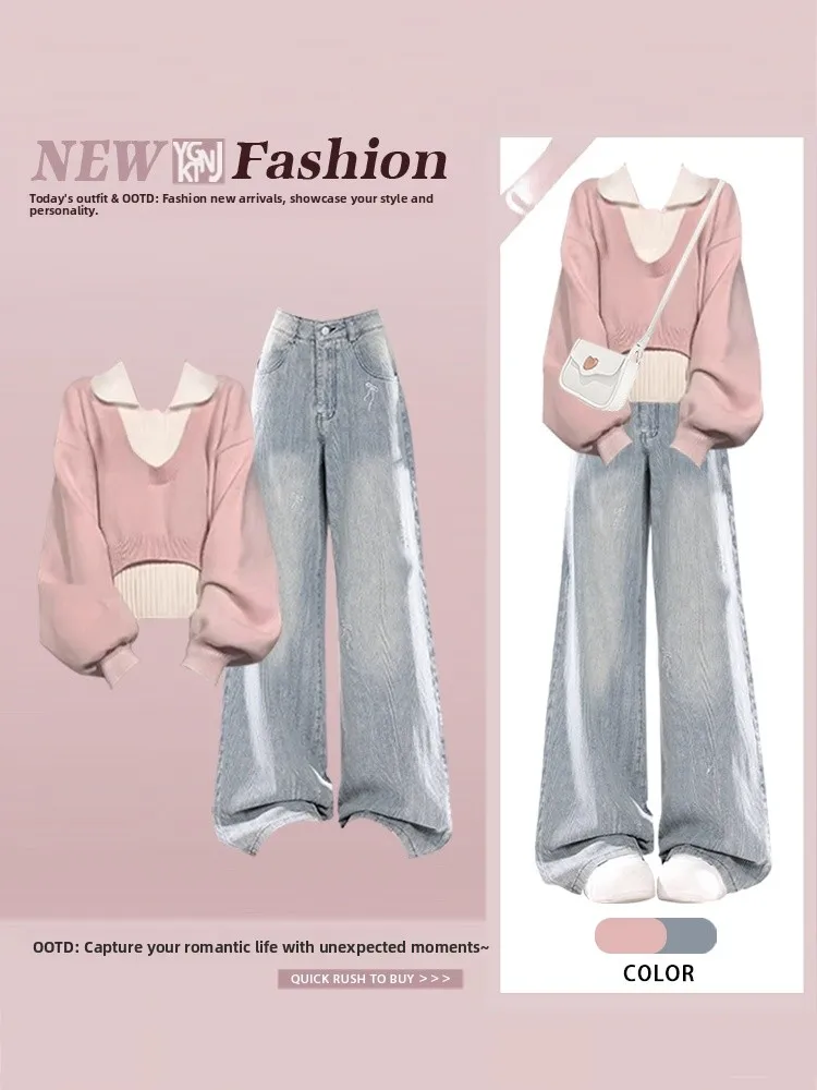 

Fashionable Knitted Sweater And Jeans Set for Women Sweet Pink Base Layer Three Piece Set Autumn Casual Style Comfortable Fit