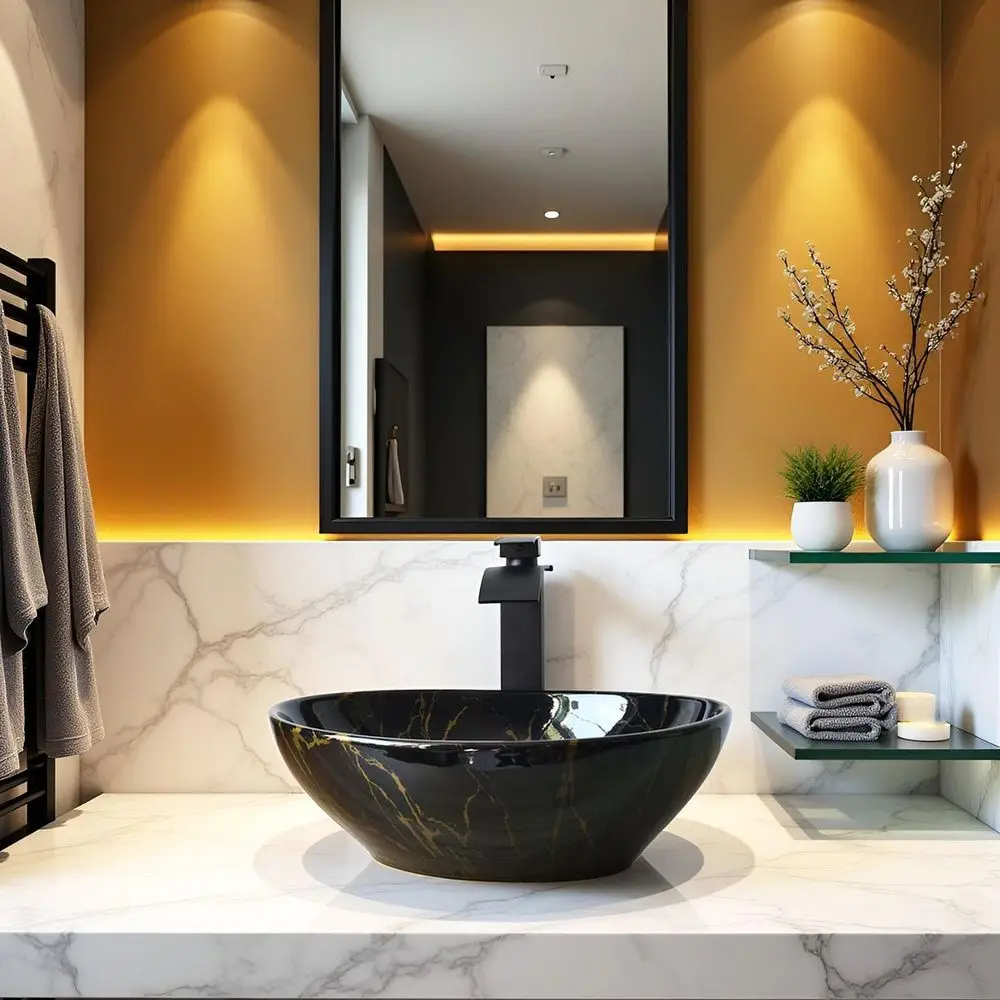 Schwarzes ovales Waschbecken mit Wasserfall-Armatur und Abfluss-Kombination, 16 Zoll, marmoriertes Aufsatzwaschbecken, künstlerisch, B