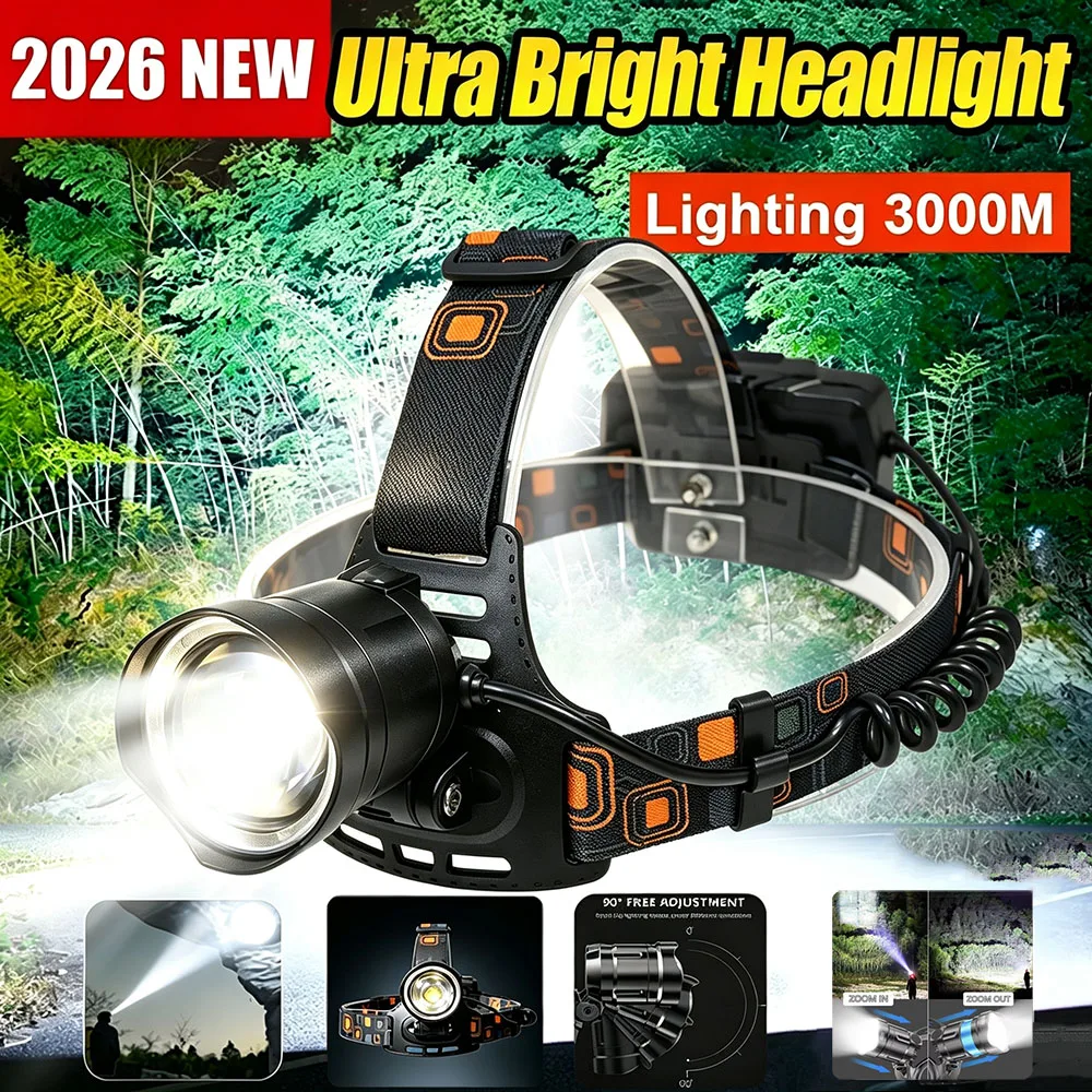 4 core Super Bright Headlight High Power   LED Headlamp Strong Light Head Lamp USB Rechargeable Zoomable Camping Fishing