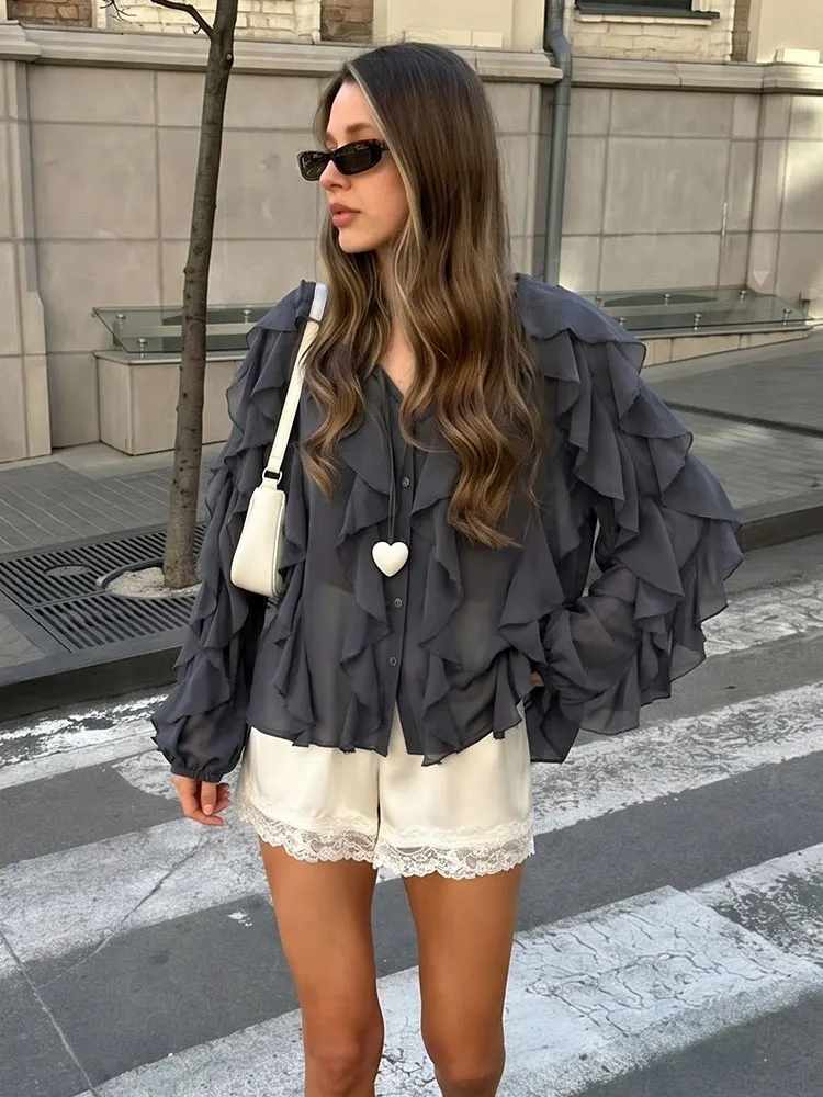 

HH Womens Vintage Loose Solid V Neck Ruffles Blouses Long Sleeve Shirt Office Workwear Casual Weekend Party Beach Vacation Top