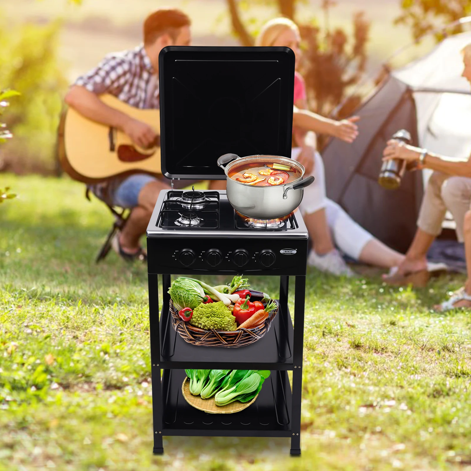 

Outdoor 300000 BTU Stove Propane 4 Burner Portable Cooker BBQ Grill Windshelter Black with Detachable Storage Rack