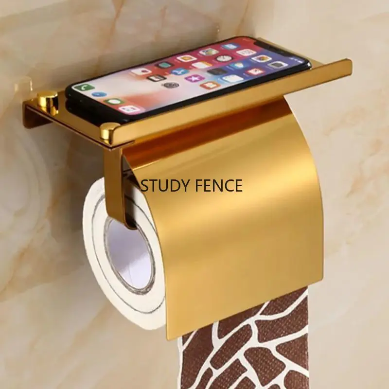 

1pc Stainless Steel Roll Paper Holder Toilet Paper Holder with Shelf Toilet Tissue Storage Rack Punch Installation with Screws