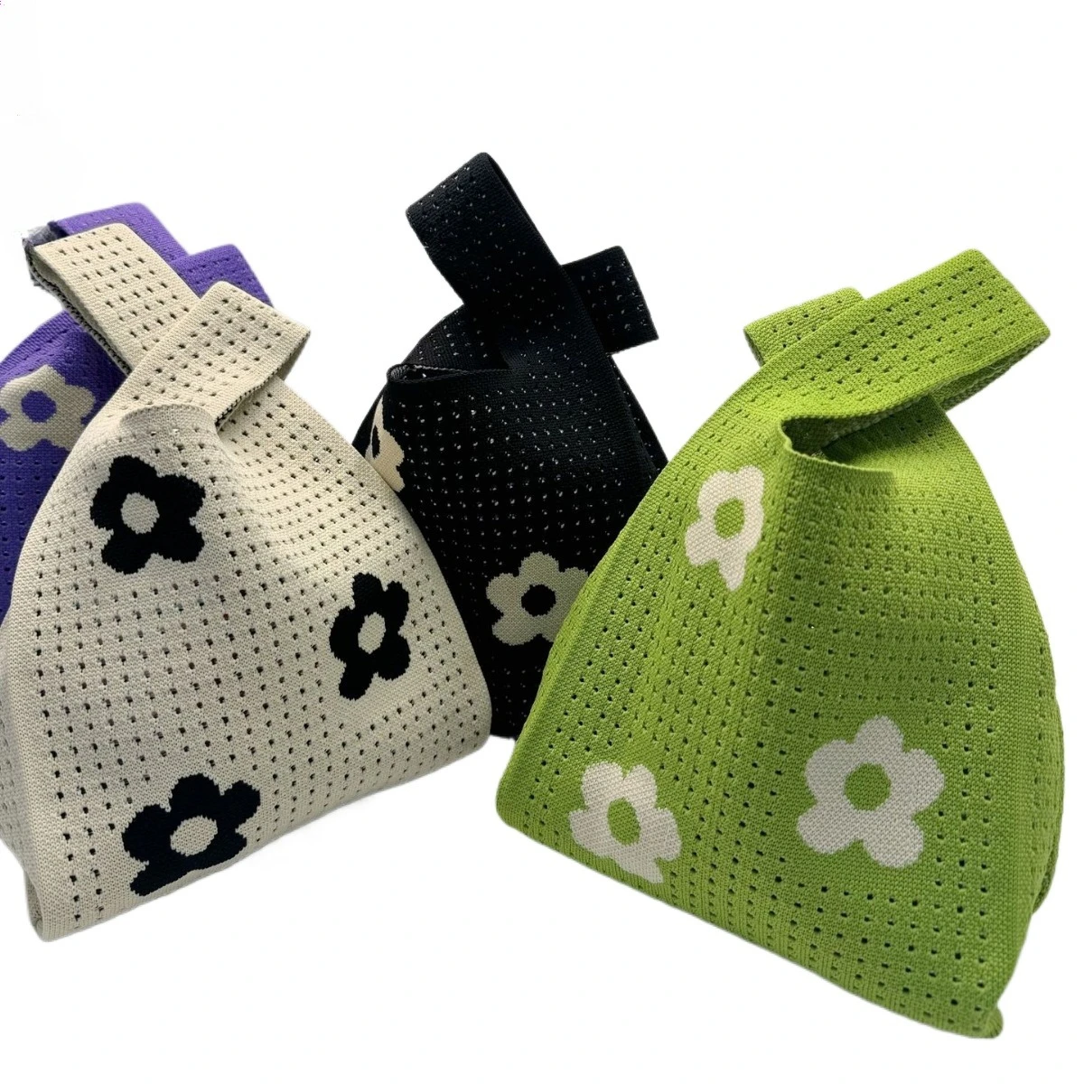 

Большая сумка ручной работы, вязаная сумка, женская мини-сумка на запястье с узлом, повседневная цветная клетчатая сумка в широкую полоску, студенческие многоразовые сумки для покупок, полые