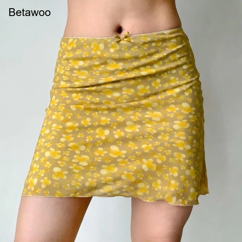 Women Yellow Floral Mesh Mini Skirt High Waist Ruched Bodycon Casual Summer Beach Skirt