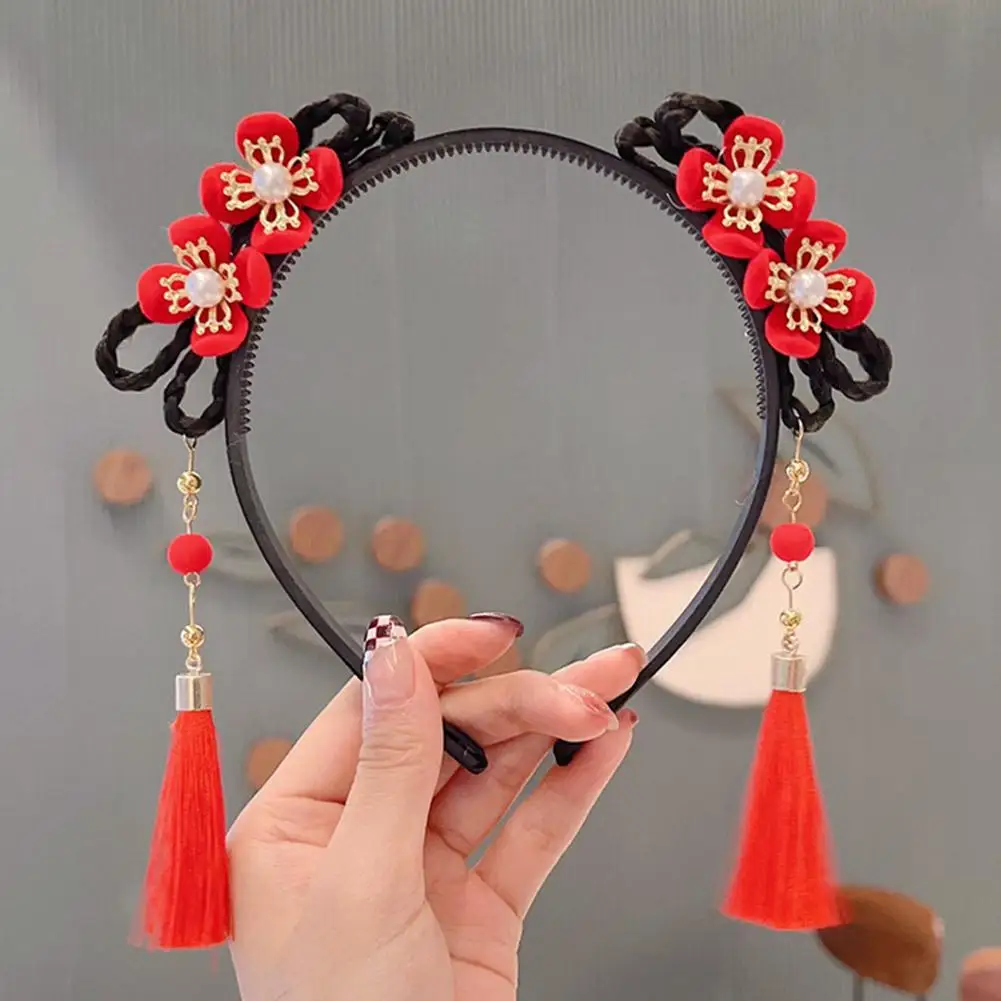 Hair Clips Hair Hoop Girl Braided Wig Tassel Flower Hair Hoop For Girls, New Year Hair Accessories, Hanfu Styling Headwear