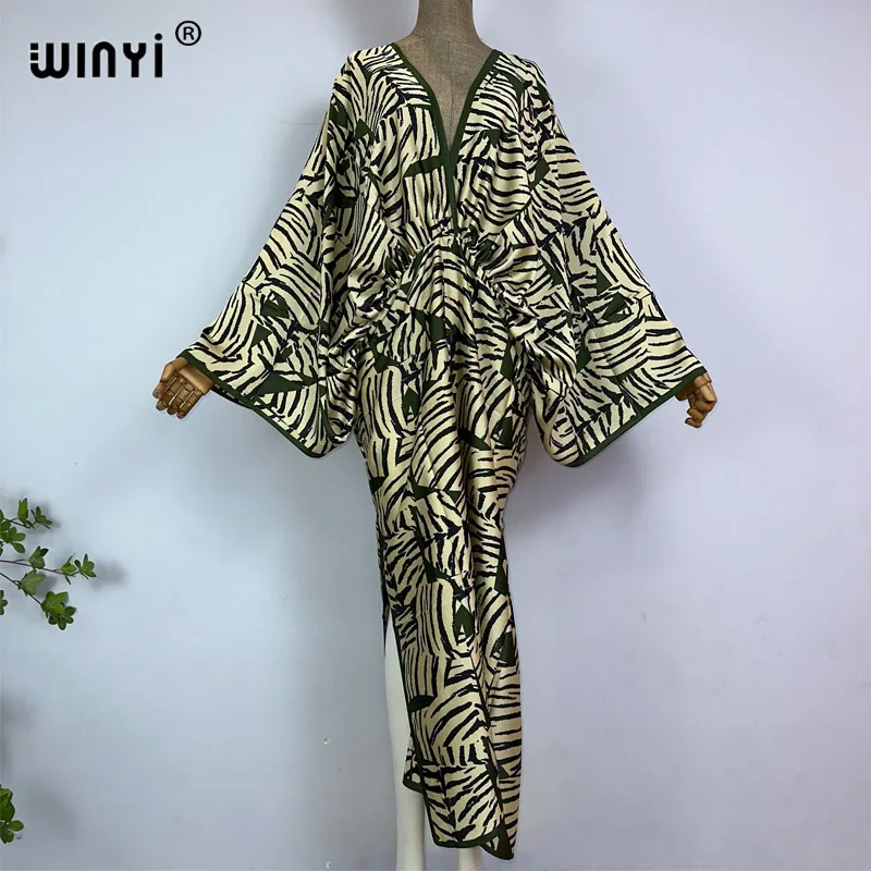 WINYI nowy letni wysoki widelec seksowny boho sukienka z nadrukiem kobiet kaftan z bohema długa rękawem kaftan damska moda okrycie plażowe Up