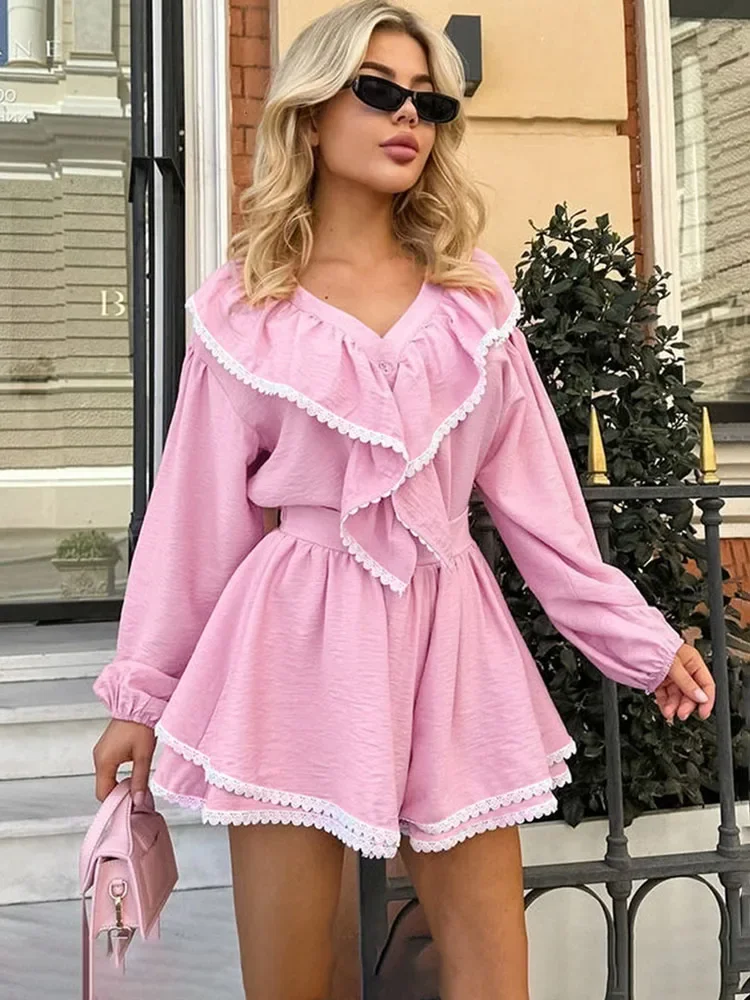 TARUXY Lace Ruffled Tops Shorts Fashion Set Ladies Pajamas Home Clothes Fashion Long Sleeve Top Cotton Casual Matching Sets Fall