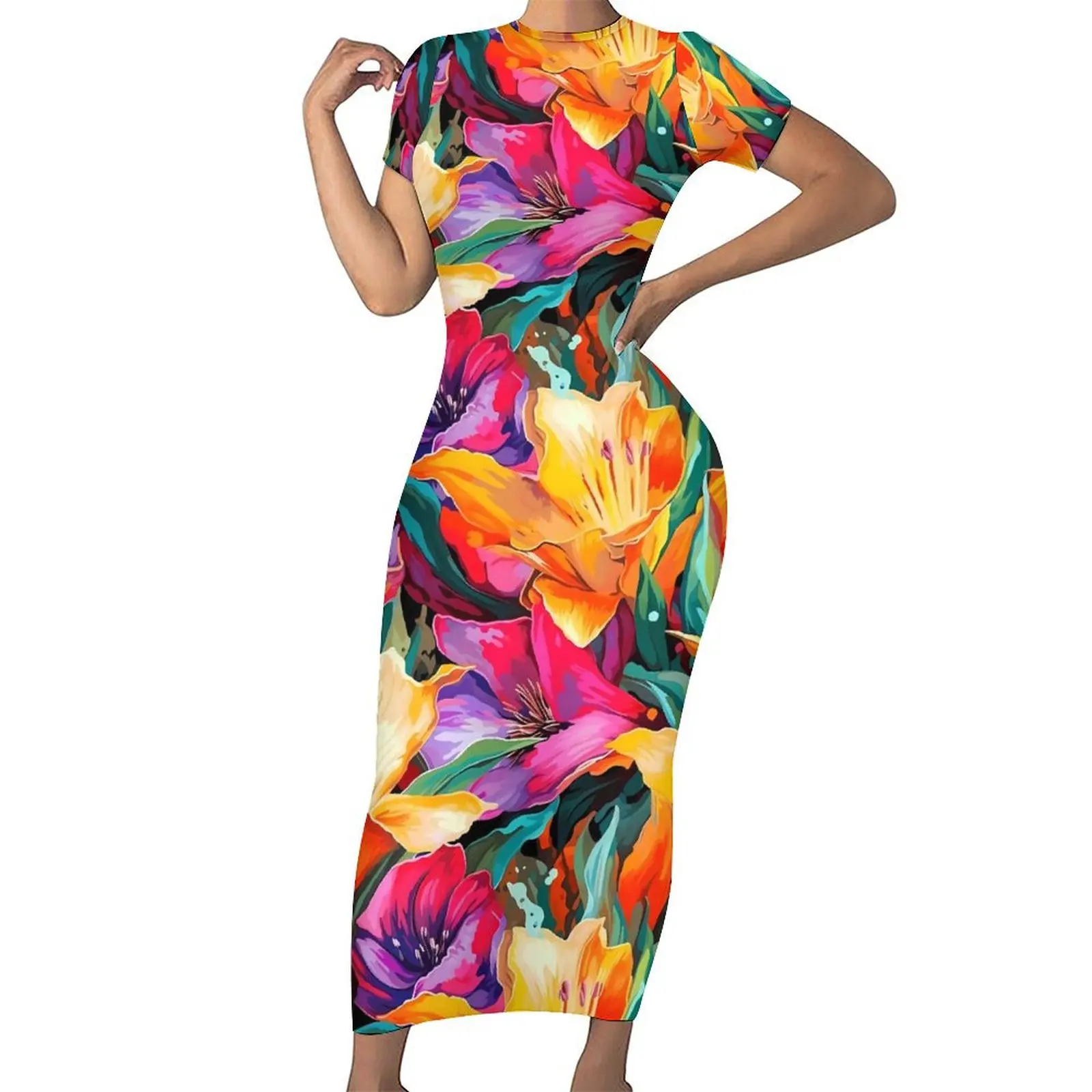 

Lily Floral Tulips Dress Short Sleeve Colorful Flowers Aesthetic Maxi Dresses Pretty Bodycon Dress Womens Oversized Clothes