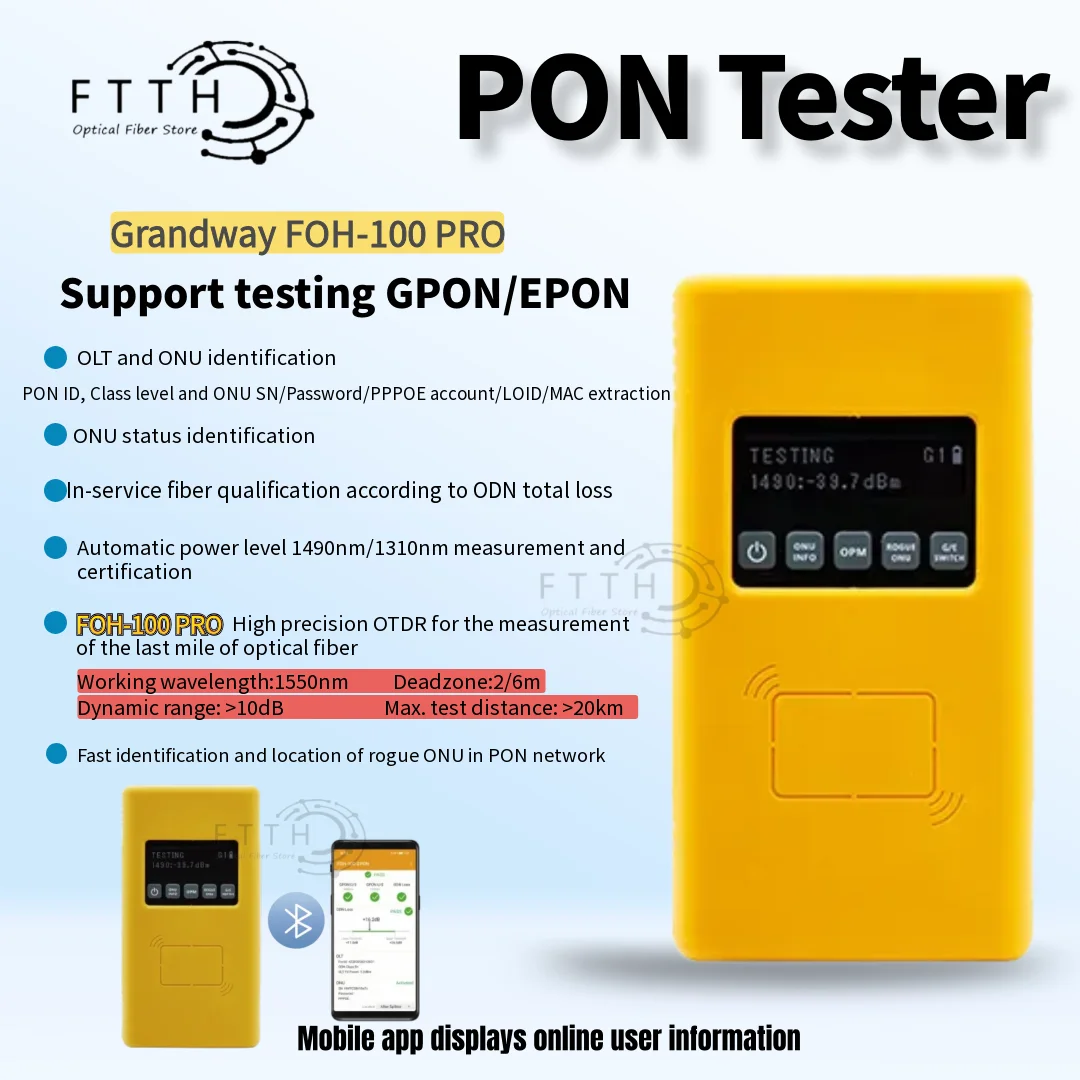 

Тестер GPON Grandway FOH-100PRO: Чтение G/EPON, онлайн-идентификация пользователя ONU (SN, MAC, LOID), проверка ONT (онлайн/офлайн), идентификация OLT и ONU, OTDR