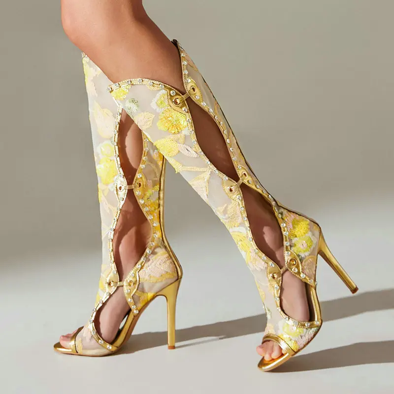 Summer Women Knee High Boots Peep Toe Thin High Heel Ladies Calf Boots Mesh PU Leather Back Zipper Fashion Dress Women Shoe
