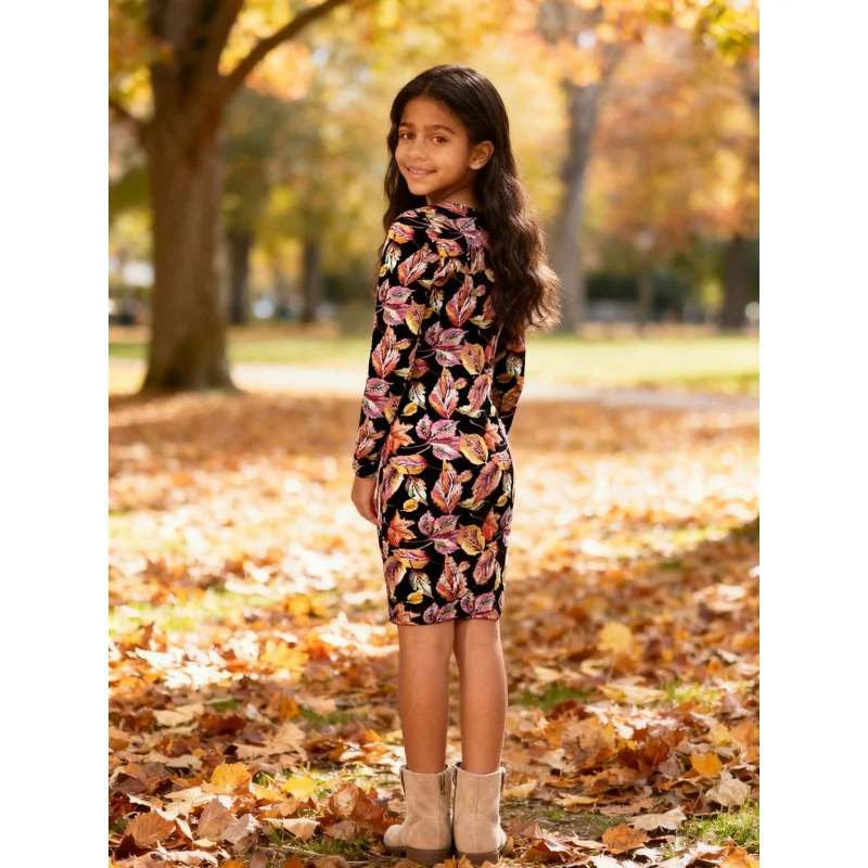 Girls Autumn Maple Leaf Print Slim Long Sleeve Dress Children's Fashion Atmosphere Dress for 2026