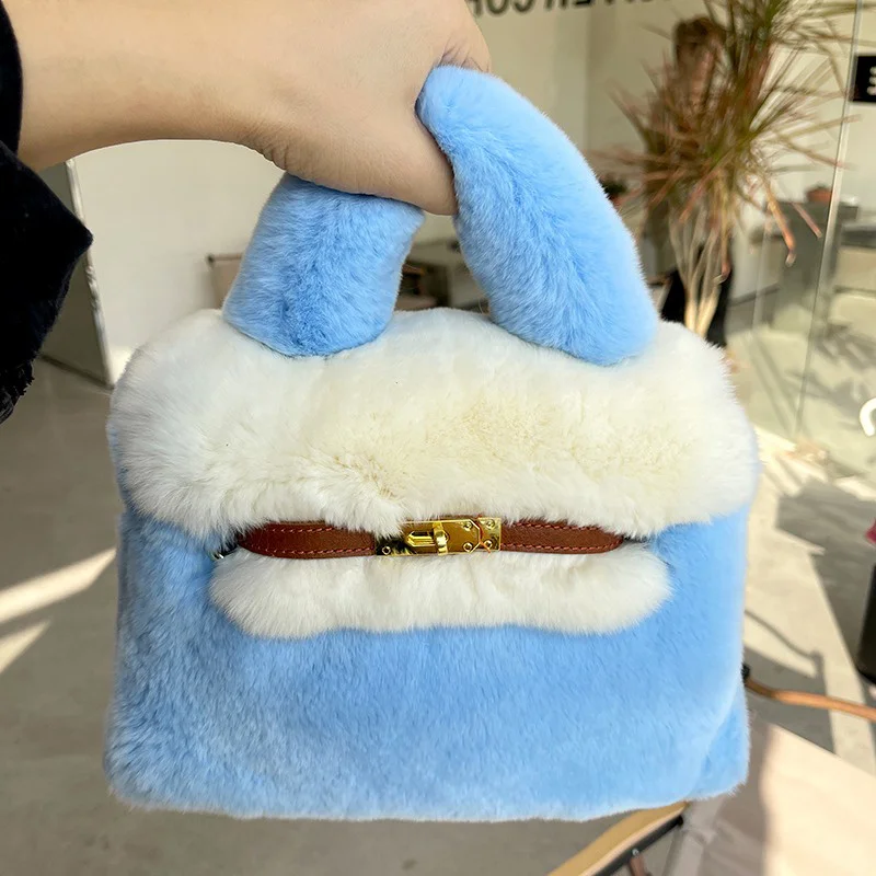 Korean Version Of The New Rex Rabbit Women\'s Handbag High Quality Fashion Autumn Large Capacity Single Shoulder Charm Fur Bag