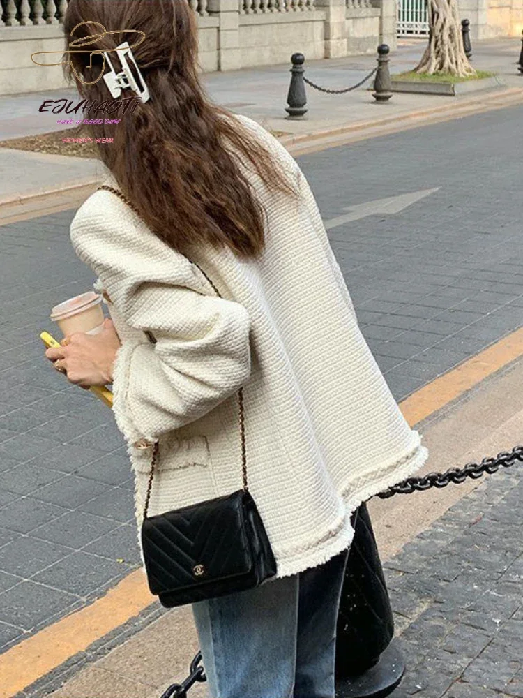 Women\'s Jacket Small Fragrance Coat 2024 New In Autumn Winter Korean Fashion O-Neck Tweed Vintage Outerwear Loose All-match Tops