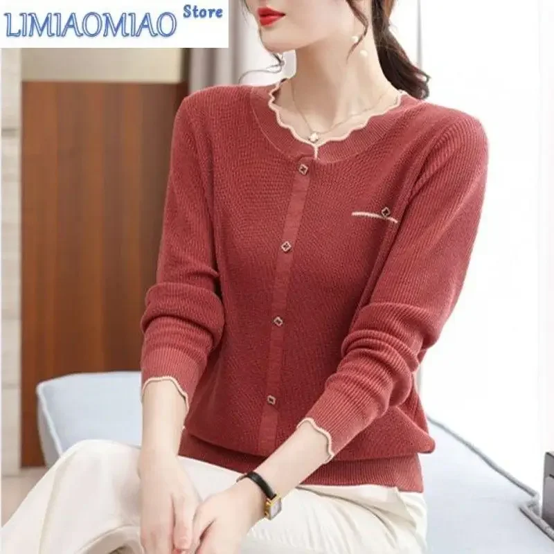 

Женская одежда, осенне-зимний однотонный пуловер, свитер, вязаный повседневный топ с завинчивающейся резьбой и длинными рукавами, круглым вырезом и заклепками