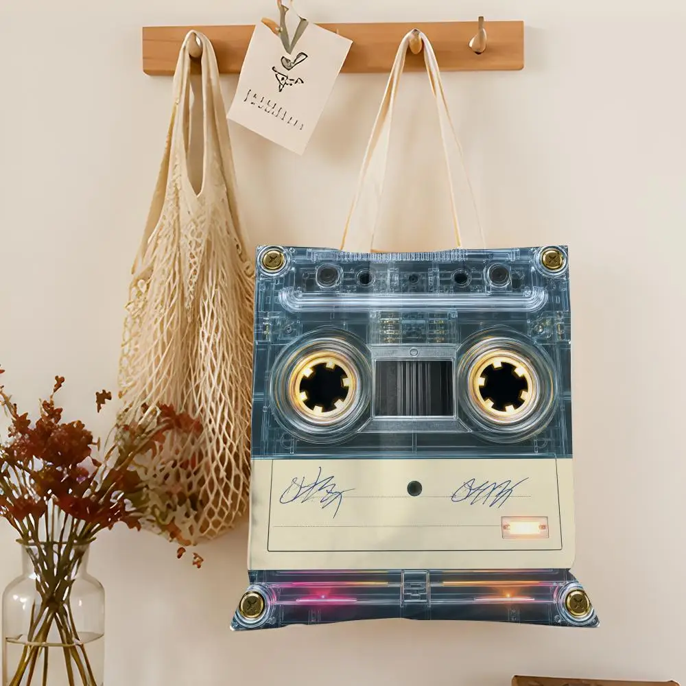 Retro Cassette Storage Bags Double-Sided Printed Canvas Tote Bag Eco-Friendly Reusable Large Capacity Handbag