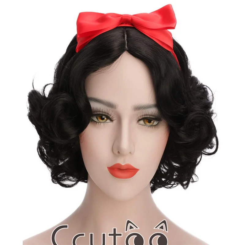 

Halloween Women Snow White Princess cosplay Wig Stage Role Play black wavy synthetic hair with red bowknot hairband