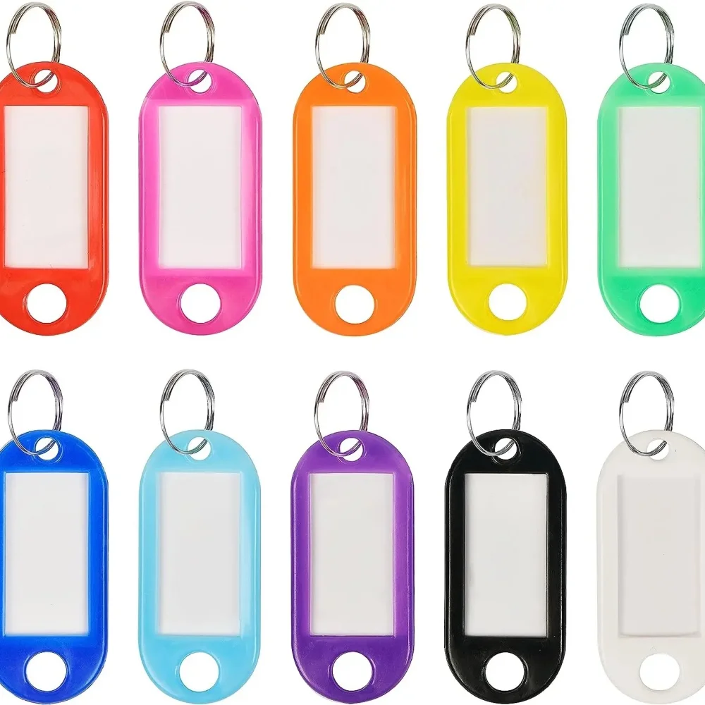 100 Stück Schlüsselanhänger, beschriftbarer Kunststoff-DIY-Namensring für Gepäck, Papieretikettierung, Schlüsselanhänger, Koffer, Haustiermarkierungen, Zubehör, mehrfarbig – Detail 4