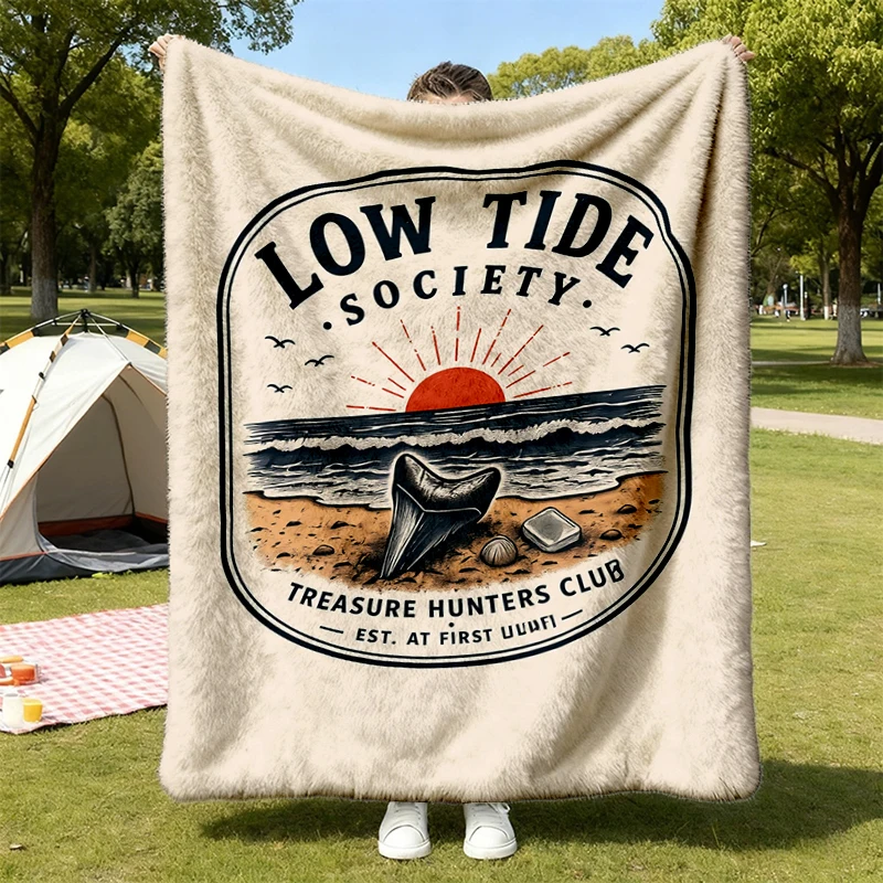 Shark Tooth Hunting Flannel Blanket, Colors Beach Flannel Blanket, Low Tide Society Graphic Flannel Blanket