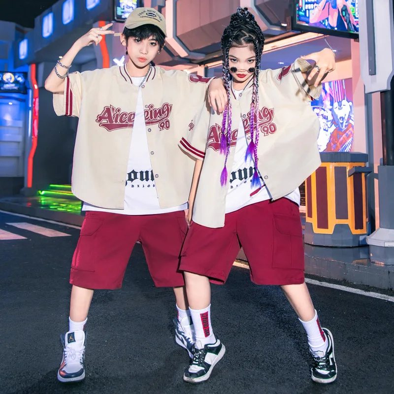 Girls Boys Hip-hop Clothing Sets White Crewneck Letter Jackets Burgundy Elastic Waist Cargo Shorts Street Dance Performence Wear