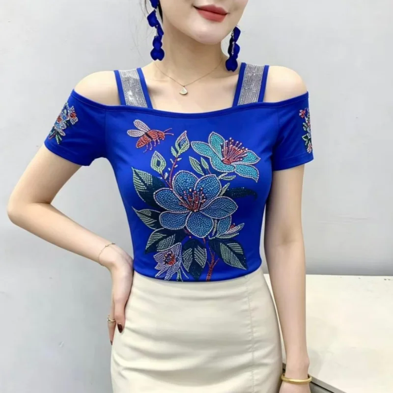 New European Clothing Ladies T-shirt Summer Sexy Off Shoulder Short Sleeve Luxury Fashion Flower Diamond Tees Slim Women's Tops
