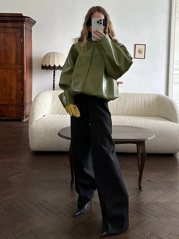 Fashion Green Short Leather Jacket Women Loose Stand Neck Coat Strapless Slim Fit Leather Dress 2025 New Lady Autumn Ooutfits