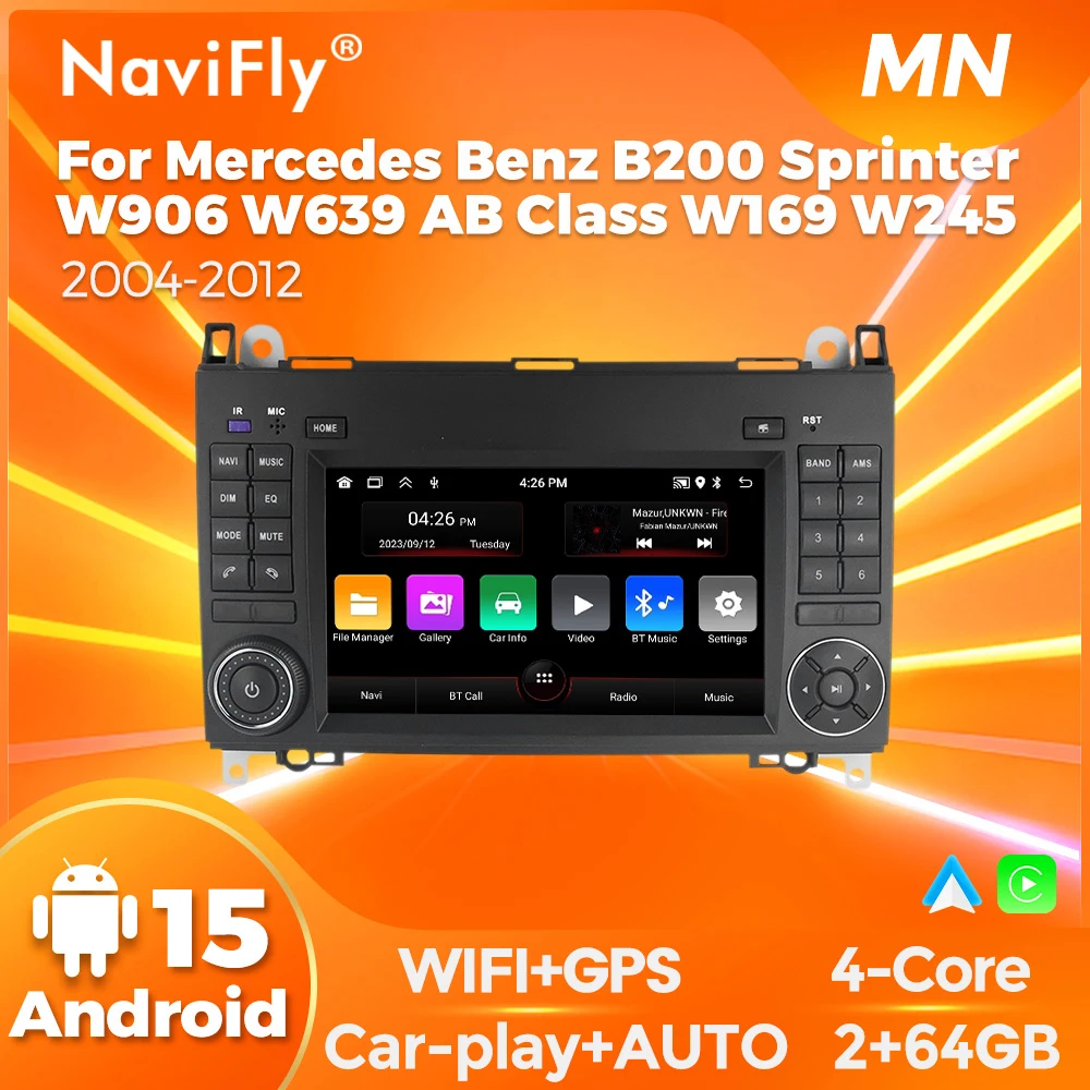 NaviFly Android 15 2DIN Touch Screen Car Radio With Android Auto For Mercedes Benz W906 W639 W169 W245 B200 Wireless Carplay BT