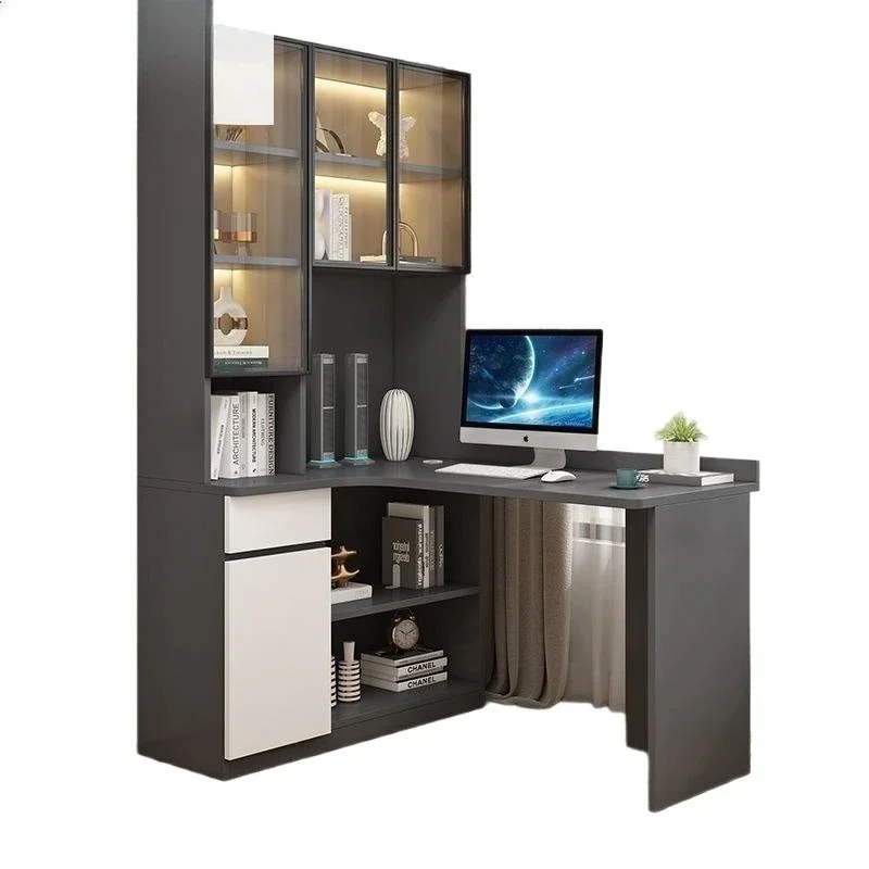 Solid wood glass door corner desk, household integrated computer desk combination, modern simple office study bookcase