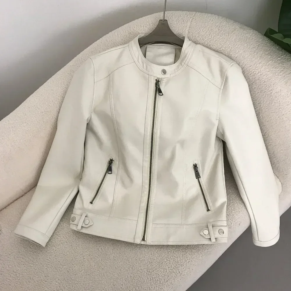 レディース フェイクレザー ジャケット PUレザー ジャケット 2025 春秋スタイル ラウンドネック カジュアル ファッション 多用途 トレンド バイクジャケット