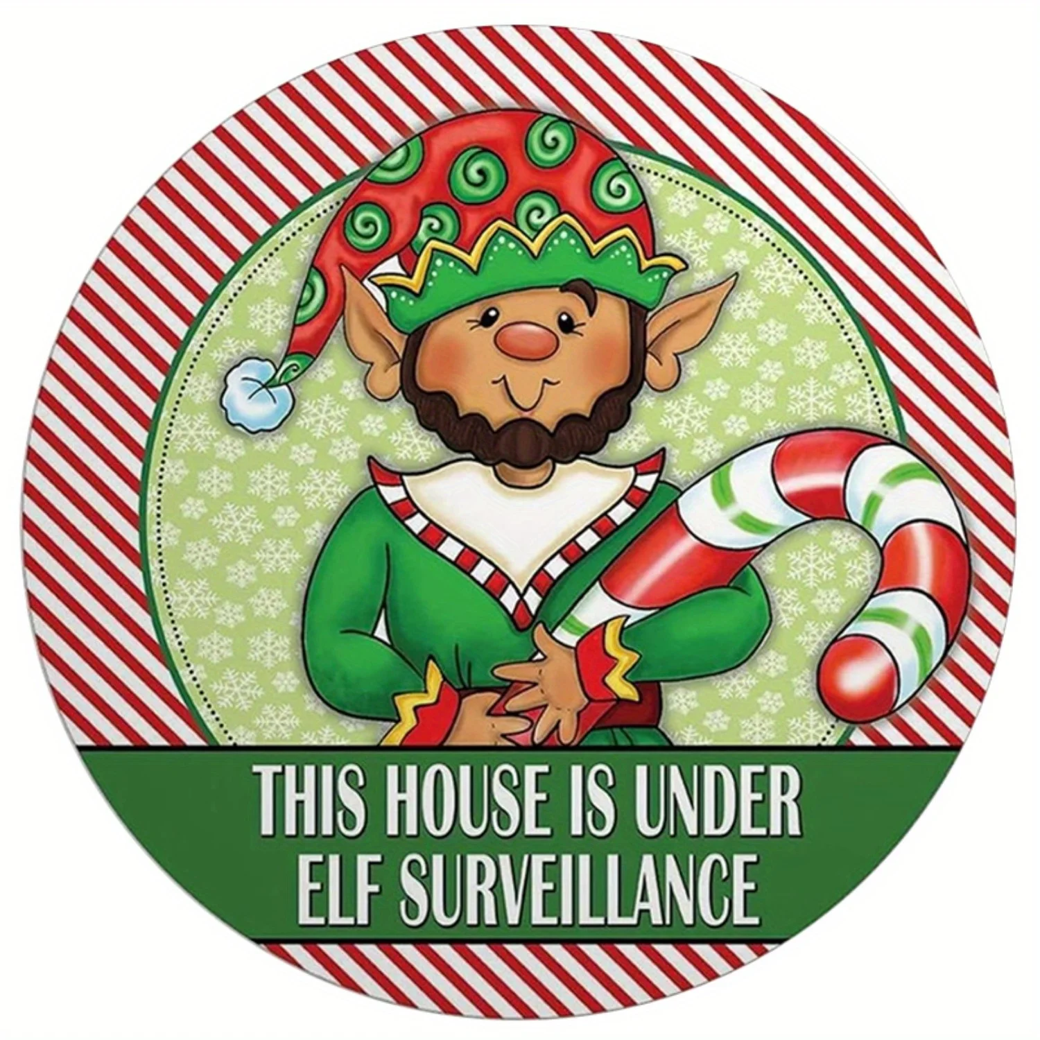 مسطح ثنائي الأبعاد، مسطح ثنائي الأبعاد هذا المنزل تحت علامة إكليل عيد الميلاد لمراقبة قزم - ديكور حائط دائري من الألومنيوم مقاس 8 × 8 بوصة مع جنوم وكاليفورنيا