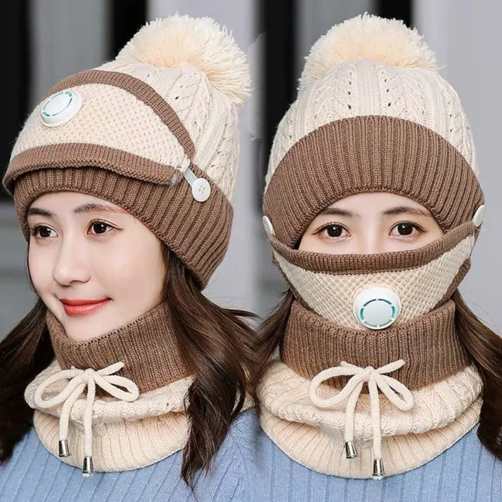 

Comfortable Thick Fleece Beanie Hat Scarf Soft Plush Breathable Knitted Hat Keep Warm Winter Hat Mask Women