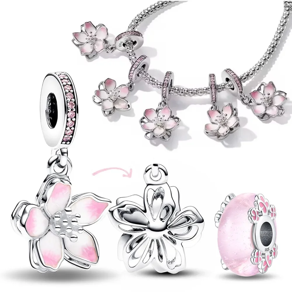 Silver 925 Pink Cherry Blossom Dangle Charms Beads Fit Bracelet Original Charming for Women Diy Fine Jewelry gifts