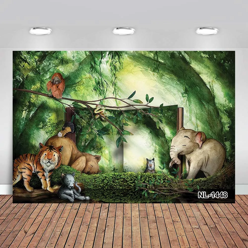 

Baby Shower Jungle Animal Backdrop Photograohy Green Forest Newborn 1st Birthday Party Decor Background Photo Photographic Prop