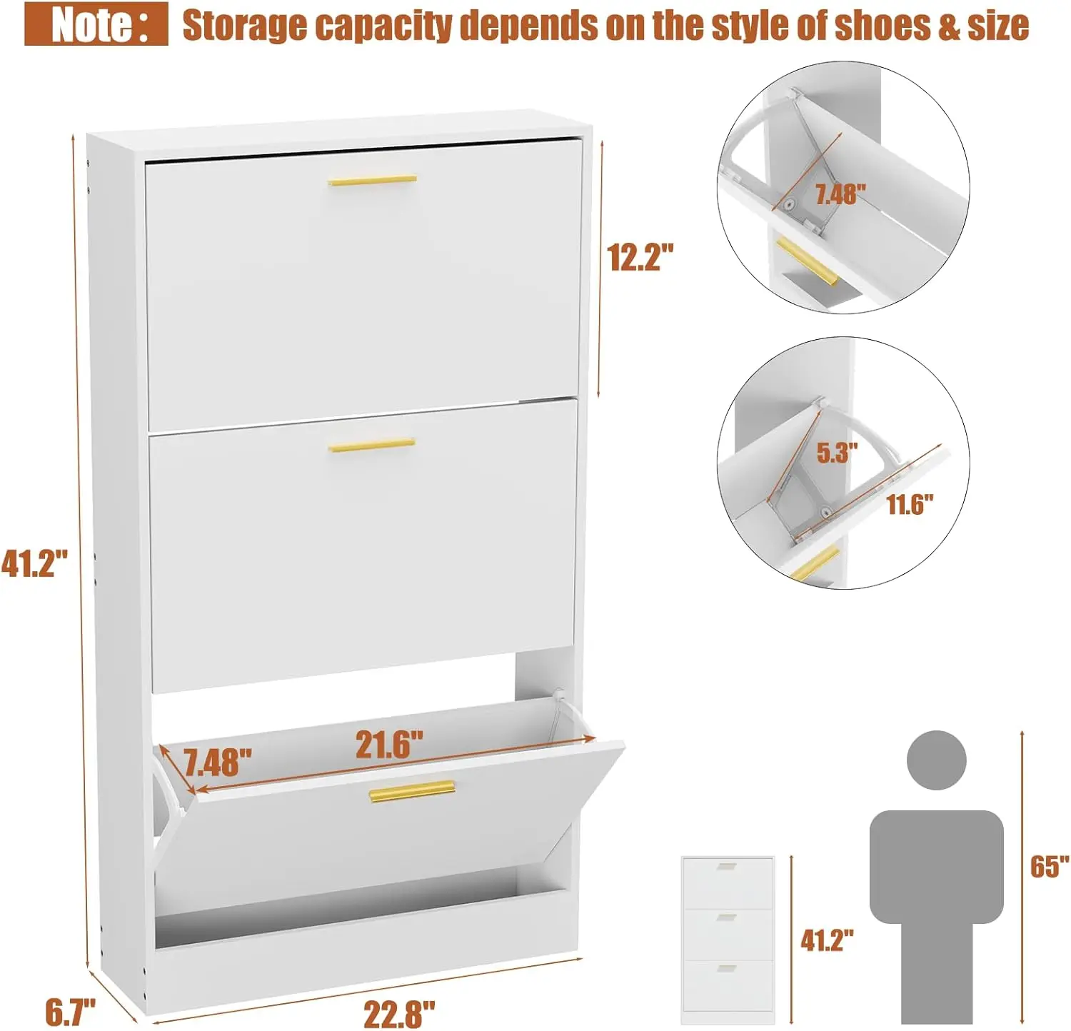 JOZZBY Shoe Cabinet Storage with 3 Flip Drawers for Entryway, White Slim Freestanding Modern Narrow Shoe Organizer Rack Cabinet