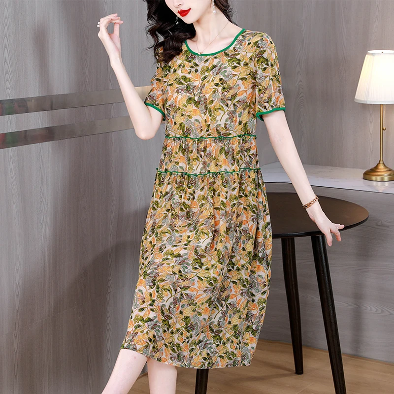 

2023 Summer Silk Short Sleeve Printed Skirt Panel O-Neck Loose Large Fragmented Medium Length Slim Over Knee Long Dress Robe