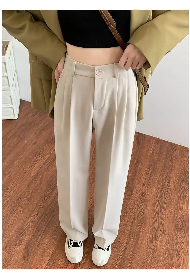 2023 nuovi pantaloni marroni a gamba larga dritti retrò Vintage donna coreana a vita alta pantaloni lunghi blu Navy Casual pantaloni Beige bianchi