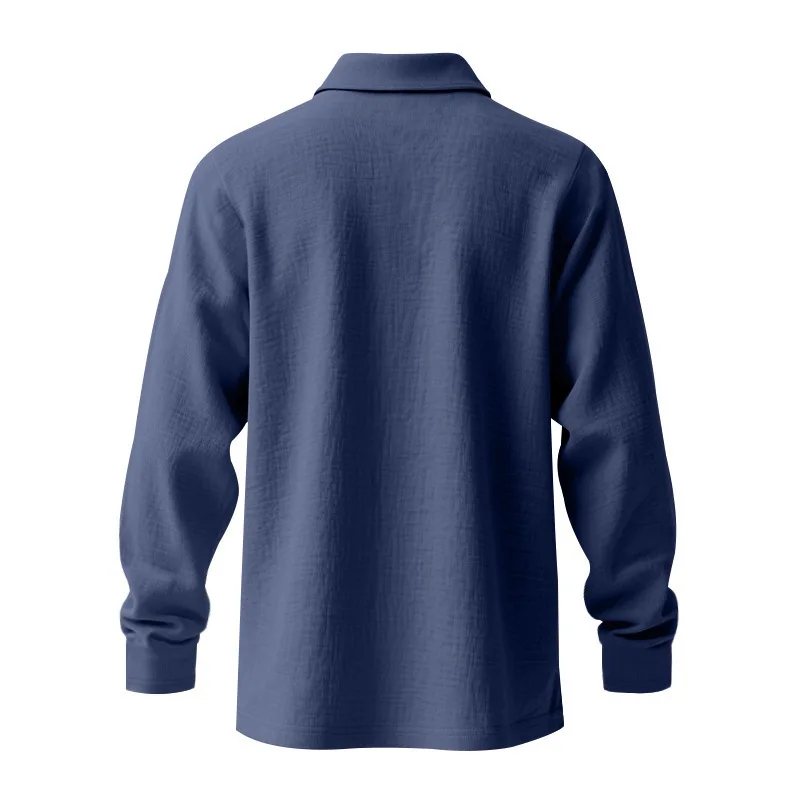 Leinen-Hemd mit Stehkragen und Knopfleiste, Herren Locker Sitzendes Atmungsaktives V-Ausschnitt Langarm-Polohemd – Detail 15