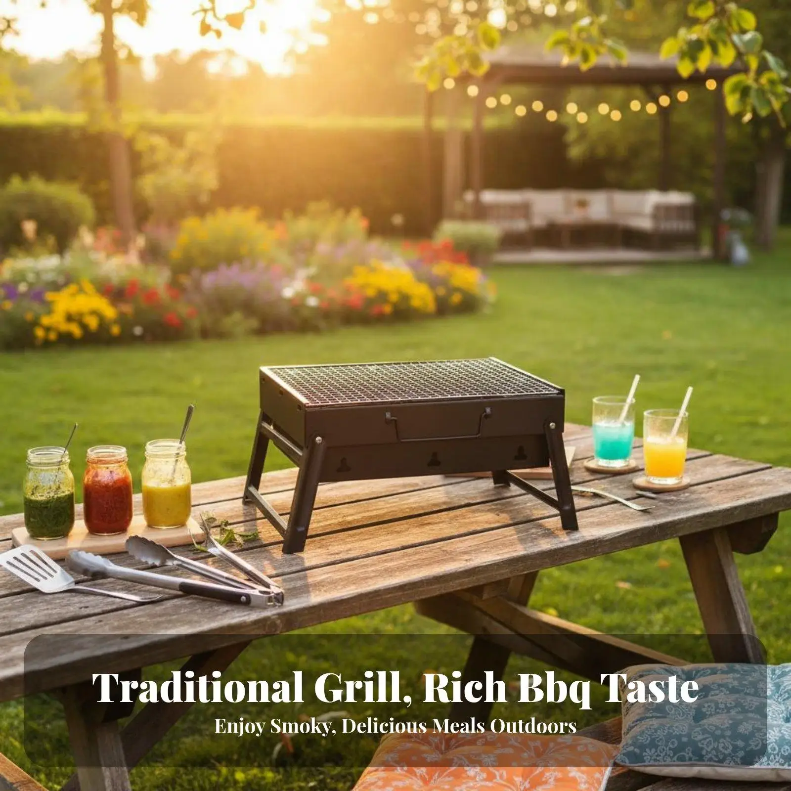 Folding BBQ Grill Rack Outdoor Portable Barbecue with Sturdy Iron Build and Ventilation for Picnic Cooking
