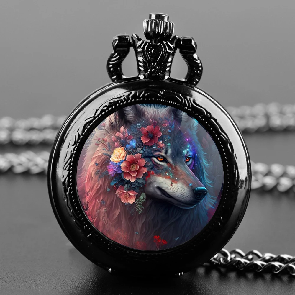 Exquisite farbige Zeichnung Wolf Glaskuppel Quarz Taschenuhr arabische Ziffer Halskette Anhänger Geschenke für Frauen Mann mit Kette