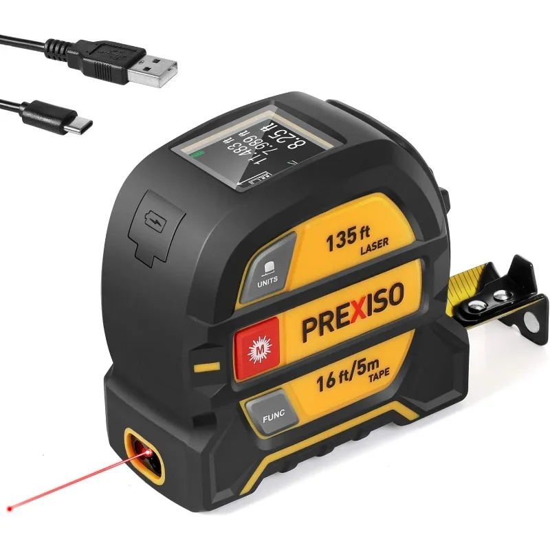 

PREXISO 2-in-1 Laser Tape Measure, 135Ft Rechargeable Measurement Tool & 16Ft Measuring Movable Magnetic Hook Pythagorean, Are