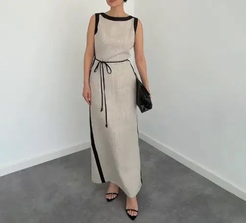

Summer New Solid Color Sleeveless Round Neck Dress for Women, Elegant Contrasting Color Splicing Sleeveless Lace Up Waist Dress