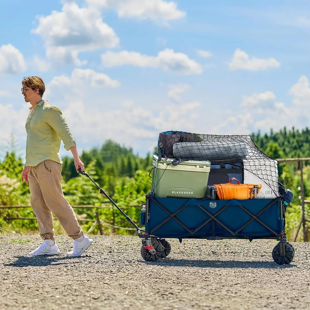 40L Blue Collapsible Utility Wagon with All-Terrain Wheels, Brakes, and Cargo Net for Camping, Sports, and Shopping