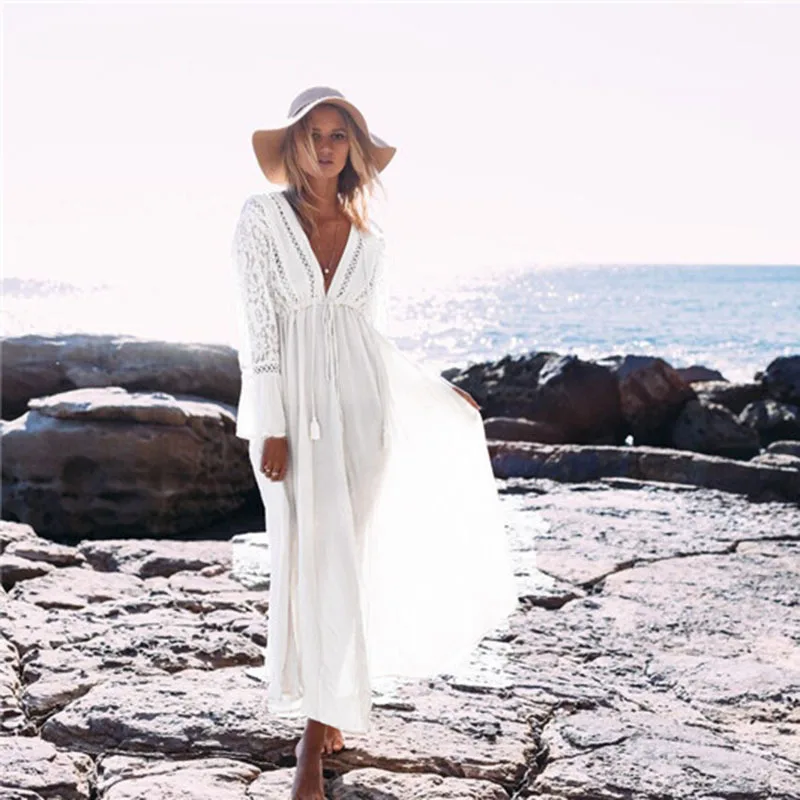 Sexy Hollow V Neck Women Summer Casual Kaftan Dresses Swimsuit Cover Up for Swimwear