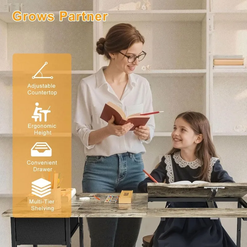 مكتب مدمج 25.98 بوصة ارتفاع - طاولة صياغة قابلة للإمالة مع درج ورفوف تخزين، مكتب دراسة للطلاب/الفنانين