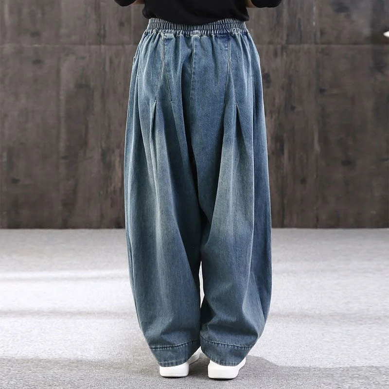 Women Casual Loose Long Pants Denim Bloomers Elastic Waist With Pockets Streetwear Vintage Baggy Jeans Harem Pants M-3XL C289