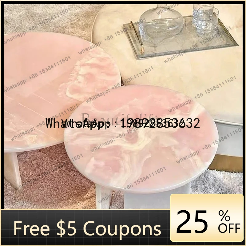 

AB caffè italiano leggero di lusso in marmo naturale rosa tavolino combinato con bordo rotondo per piccoli appartamen